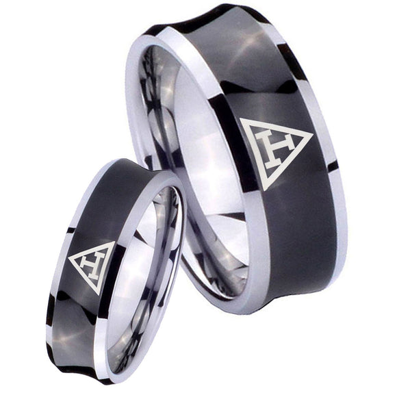 Bride and Groom Masonic Triple Concave Black Tungsten Carbide Engraved Ring Set