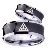 Bride and Groom Masonic Triple Concave Black Tungsten Carbide Engraved Ring Set