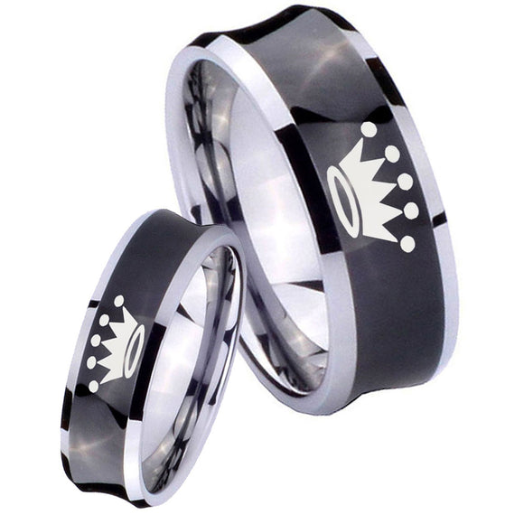 Bride and Groom Crown Concave Black Tungsten Carbide Mens Bands Ring Set