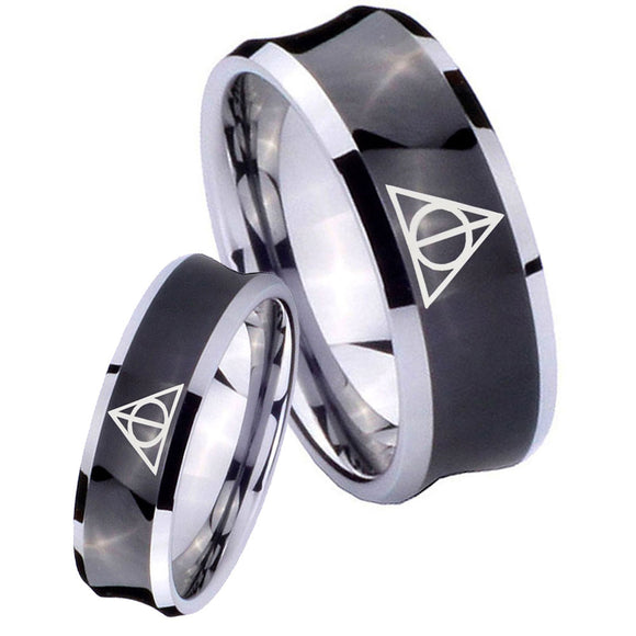 His and Hers Deathly Hallows Concave Black Tungsten Mens Engagement Band Set