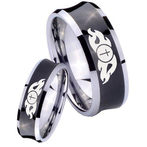 Bride and Groom Flamed Cross Concave Black Tungsten Men's Engagement Band Set