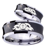 Bride and Groom Flamed Cross Concave Black Tungsten Men's Engagement Band Set