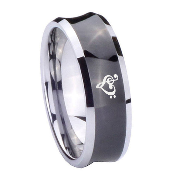 8mm Music & Heart Concave Black Tungsten Carbide Mens Anniversary Ring