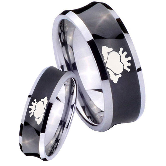 Bride and Groom Claddagh Design Concave Black Tungsten Mens Ring Engraved Set