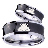 Bride and Groom Claddagh Design Concave Black Tungsten Mens Ring Engraved Set