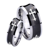 His and Hers Christian Cross Religious Concave Black Tungsten Mens Ring Engraved Set