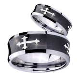 His and Hers Christian Cross Religious Concave Black Tungsten Mens Ring Engraved Set