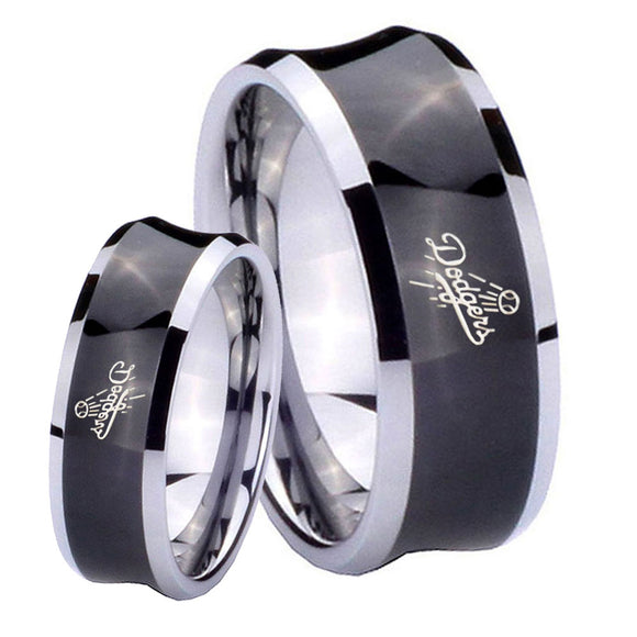 His and Hers LA Dogers MLB Baseball Concave Black Tungsten Rings for Men Set