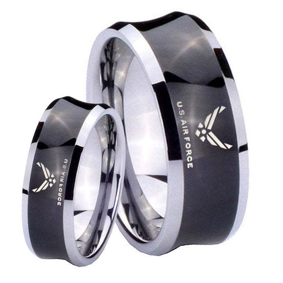His Her Black Concave US Air Force Two Tone Tungsten Wedding Rings Set