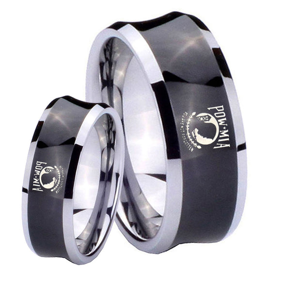 Bride and Groom Military Pow Concave Black Tungsten Carbide Engagement Ring Set