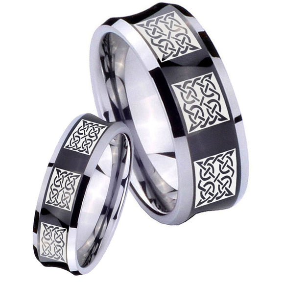His Hers Multiple Celtic Concave Black Tungsten Wedding Engagement Ring Set