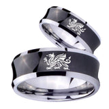 Bride and Groom Dragon Concave Black Tungsten Carbide Engraved Ring Set
