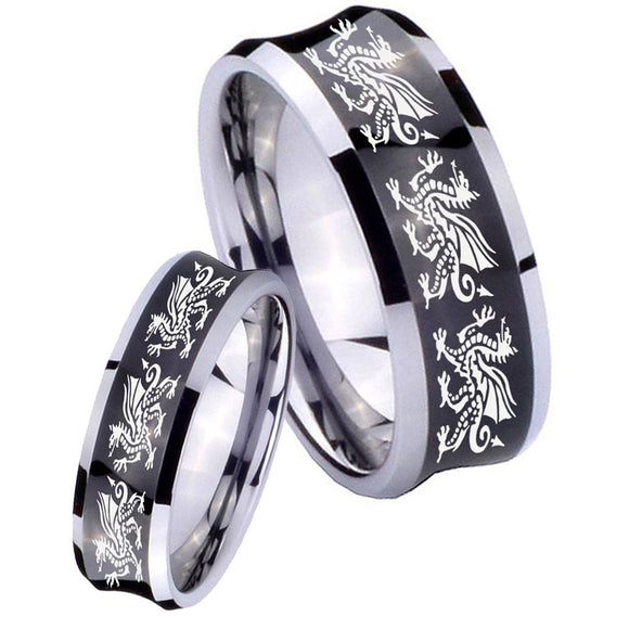 Bride and Groom Multiple Dragon Concave Black Tungsten Men's Bands Ring Set