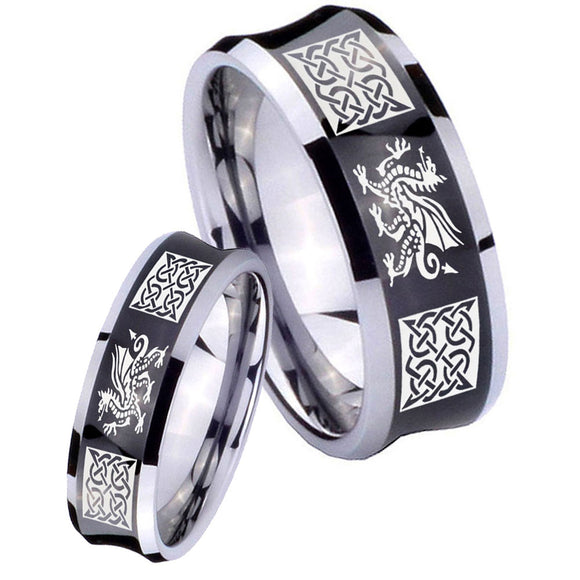 His Hers Multiple Dragon Celtic Concave Black Tungsten Mens Engagement Band Set