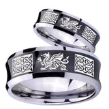 His Hers Multiple Dragon Celtic Concave Black Tungsten Mens Engagement Band Set