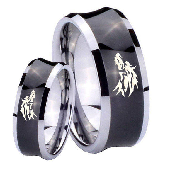 Bride and Groom Wolf Concave Black Tungsten Carbide Men's Band Ring Set