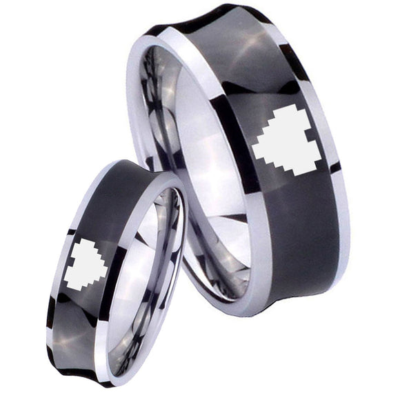 His Her Black Concave Zelda Heart Two Tone Tungsten Wedding Rings Set
