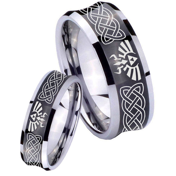 Bride and Groom Celtic Zelda Concave Black Tungsten Wedding Band Ring Set