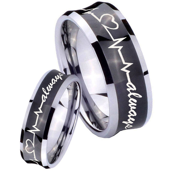 His Hers Heart Beat forever Heart always Concave Black Tungsten Wedding Ring Set