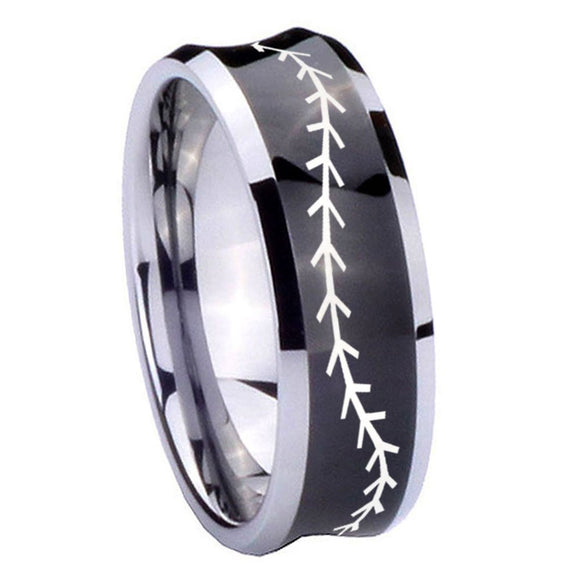 8mm Baseball Stitch Concave Black Tungsten Carbide Wedding Bands Ring