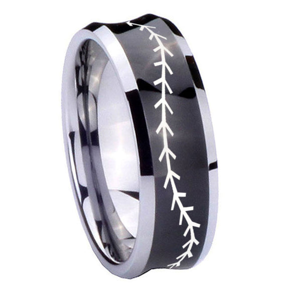 10mm Baseball Stitch Concave Black Tungsten Carbide Engraved Ring