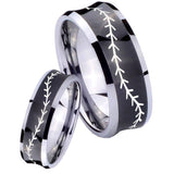 Bride and Groom Baseball Stitch Concave Black Tungsten Anniversary Ring Set