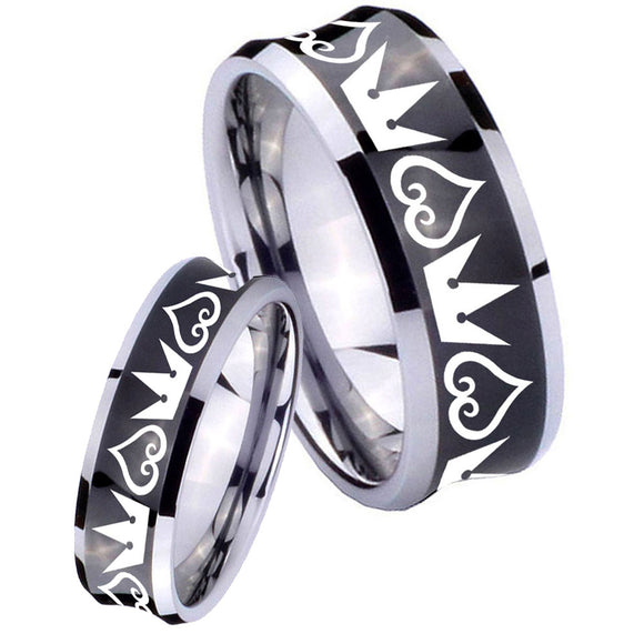 Bride and Groom Hearts and Crowns Concave Black Tungsten Carbide Bands Ring Set
