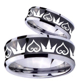 Bride and Groom Hearts and Crowns Concave Black Tungsten Carbide Bands Ring Set