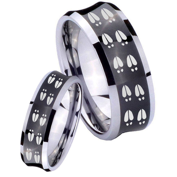 Bride and Groom Deer Tracks Concave Black Tungsten Mens Ring Engraved Set