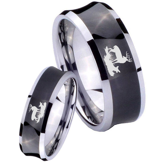 Bride and Groom Deer Hunting Concave Black Tungsten Mens Ring Personalized Set