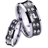 His Hers Deer Hunting Tracks Concave Black Tungsten Mens Wedding Band Set