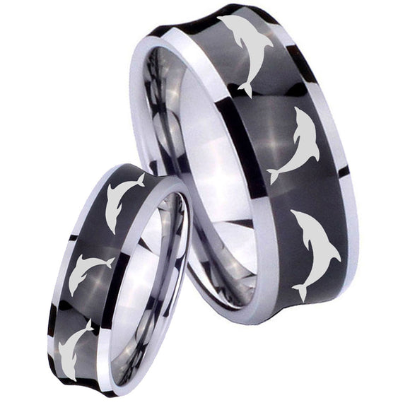 Bride and Groom Dolphins Concave Black Tungsten Carbide Men's Wedding Band Set