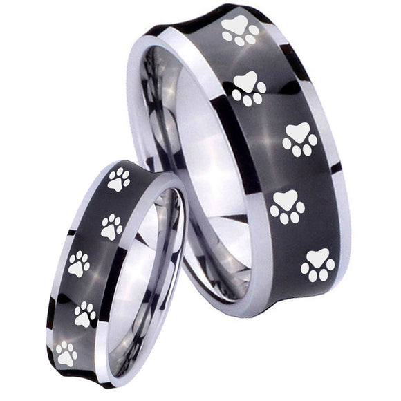 Bride and Groom Paw Print Concave Black Tungsten Carbide Mens Wedding Ring Set