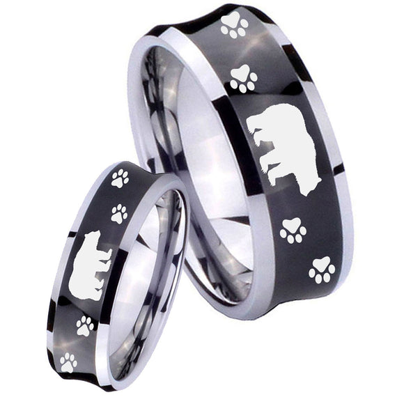 Bride and Groom Bear and Paw Concave Black Tungsten Men's Wedding Ring Set