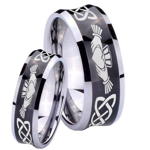 Bride and Groom Irish Claddagh Concave Black Tungsten Men's Band Ring Set