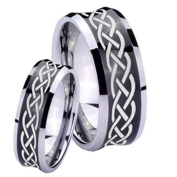 His and Hers Celtic Knot Concave Black Tungsten Mens Ring Engraved Set