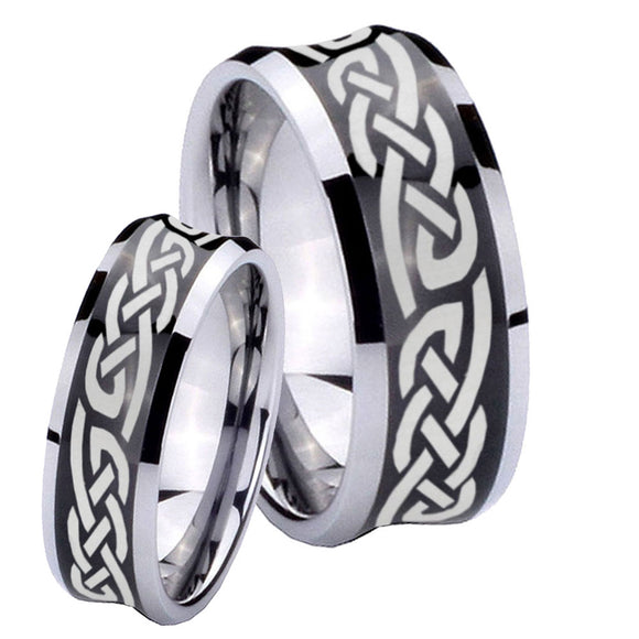 His and Hers Celtic Knot Infinity Love Concave Black Tungsten Mens Ring Engraved Set
