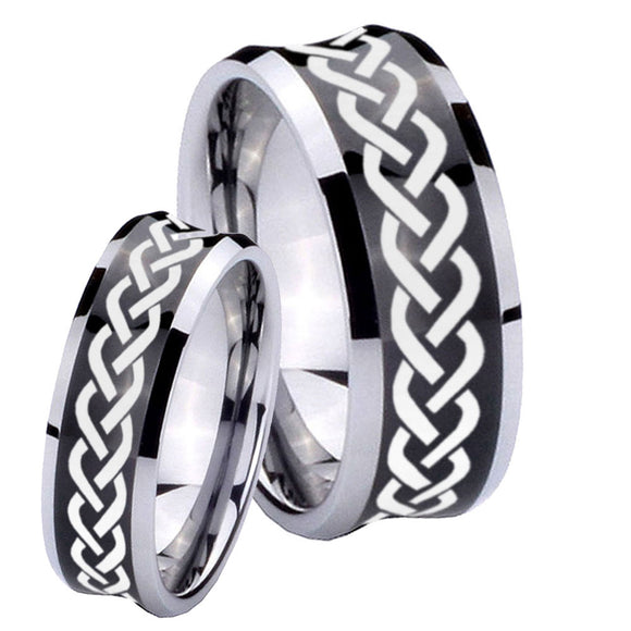 His and Hers Laser Celtic Knot Concave Black Tungsten Mens Ring Engraved Set