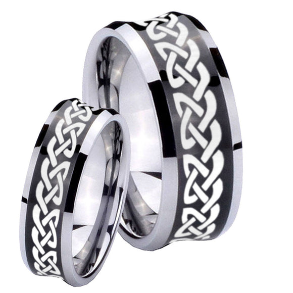His and Hers Celtic Knot Love Concave Black Tungsten Mens Ring Engraved Set