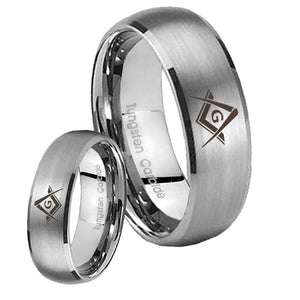 Bride and Groom Freemason Masonic Dome Brushed Tungsten Carbide Men's Ring Set