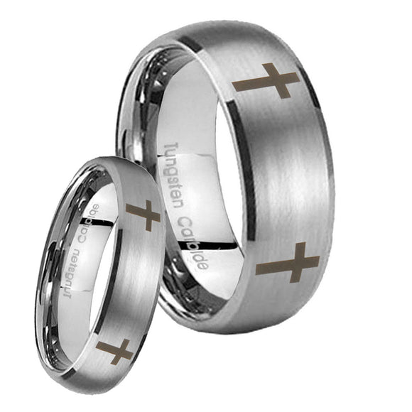 Bride and Groom Crosses Dome Brushed Tungsten Carbide Wedding Band Ring Set