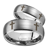 Bride and Groom Crosses Dome Brushed Tungsten Carbide Wedding Band Ring Set
