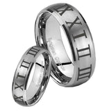 Bride and Groom Roman Numeral Dome Brushed Tungsten Men's Engagement Ring Set