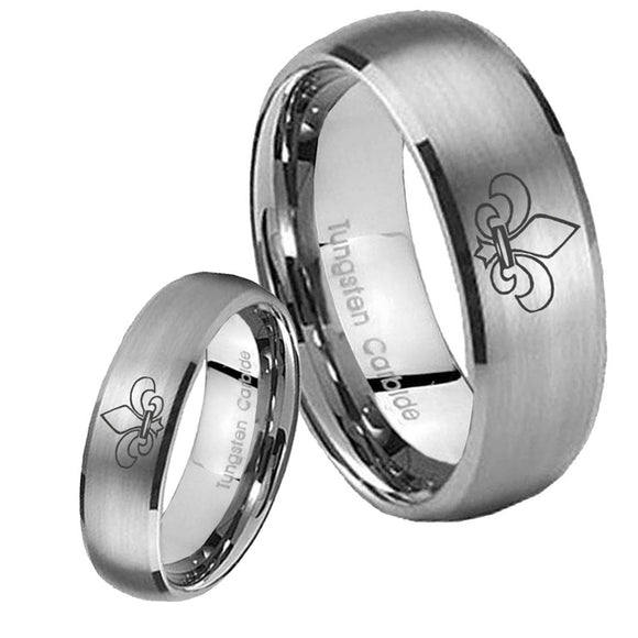 Bride and Groom Fleur De Lis Dome Brushed Tungsten Carbide Men's Ring Set
