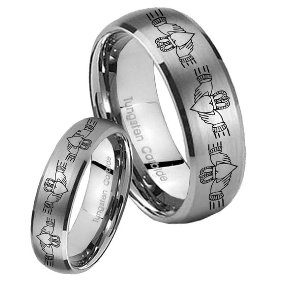 Bride and Groom Irish Claddagh Dome Brushed Tungsten Men's Wedding Band Set