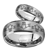 Bride and Groom Irish Claddagh Dome Brushed Tungsten Men's Wedding Band Set