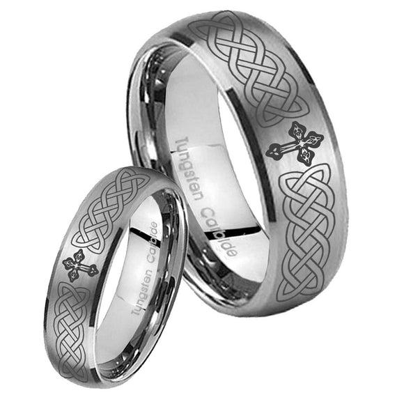 Bride and Groom Celtic Cross Dome Brushed Tungsten Carbide Wedding Band Ring Set