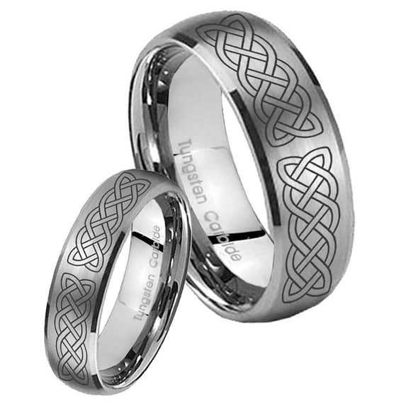 Bride and Groom Celtic Knot Dome Brushed Tungsten Carbide Mens Ring Set