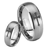 Bride and Groom Christian Cross Dome Brushed Tungsten Custom Mens Ring Set