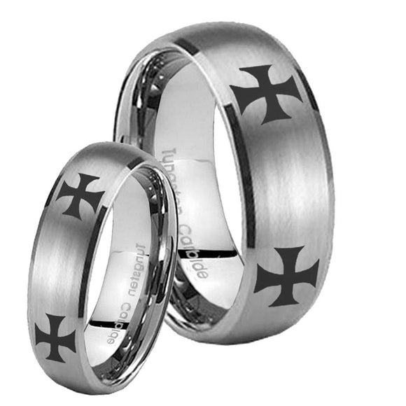 Bride and Groom 4 Maltese Cross Dome Brushed Tungsten Carbide Men's Ring Set